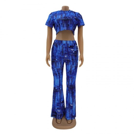  Women's Fashion Printing Crop Top Trouser Sets