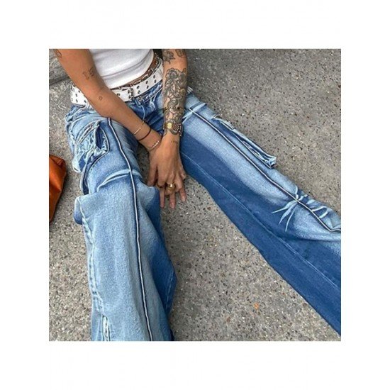 Designer Blue Wide Leg Low Rise Jean Pants