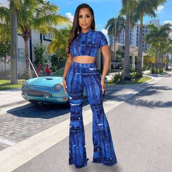  Women's Fashion Printing Crop Top Trouser Sets