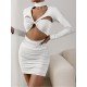 Designer White Cut Out Long Sleeve Short Dress