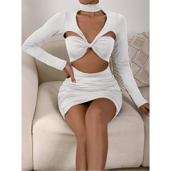 Designer White Cut Out Long Sleeve Short Dress