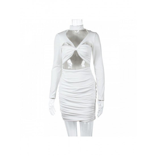 Designer White Cut Out Long Sleeve Short Dress