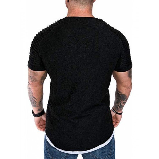  Men's Casual Sports Solid Ruched Short Sleeve T-Shirt