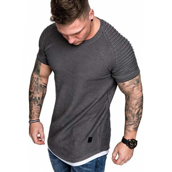  Men's Casual Sports Solid Ruched Short Sleeve T-Shirt