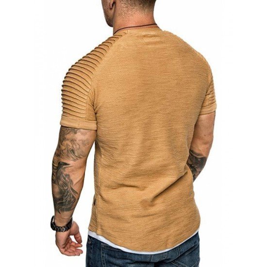  Men's Casual Sports Solid Ruched Short Sleeve T-Shirt