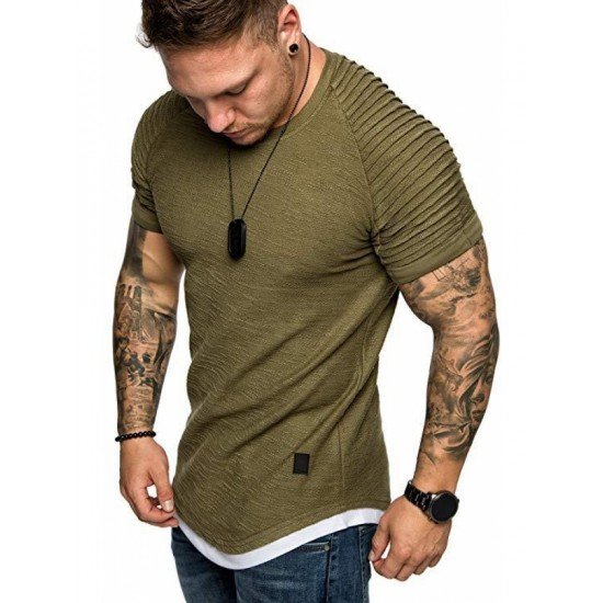  Men's Casual Sports Solid Ruched Short Sleeve T-Shirt