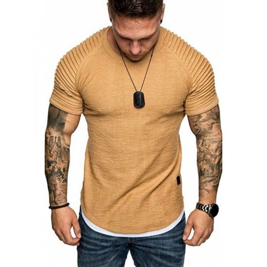  Men's Casual Sports Solid Ruched Short Sleeve T-Shirt