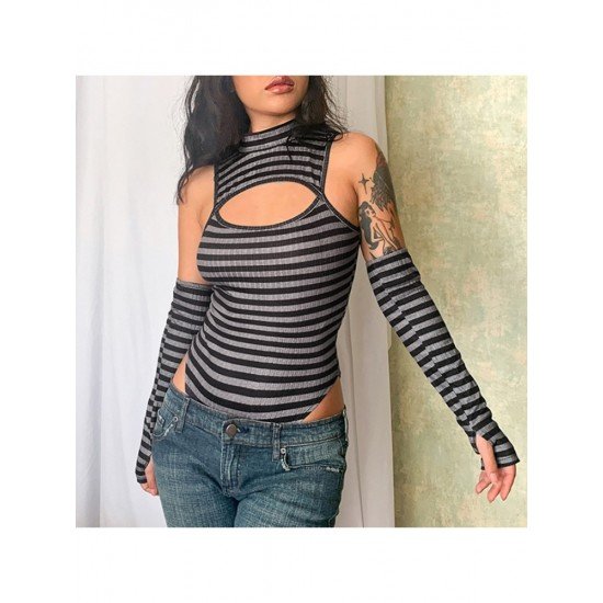 Striped Cut Out Sleeveless Bodysuits For Women