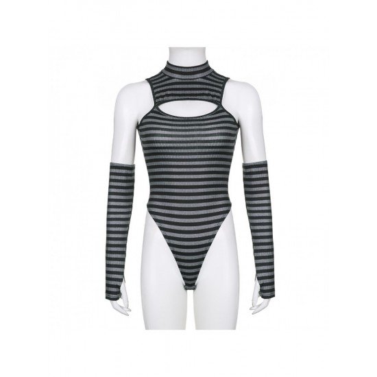 Striped Cut Out Sleeveless Bodysuits For Women