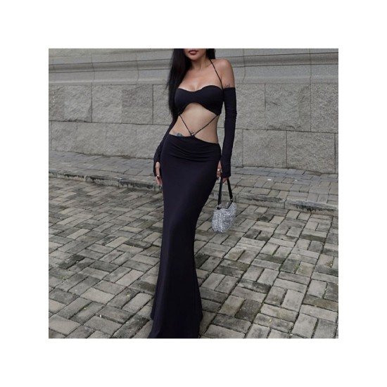 Sexy Black Cut Out Halter Maxi Dresses