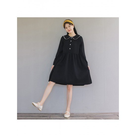 Cute Loose Doll Collar Long Sleeve Knee Length Dress