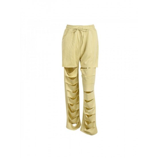 Straight Ripped Hollow Out Casual Drawstring Trousers