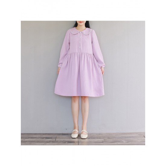 Cute Loose Doll Collar Long Sleeve Knee Length Dress