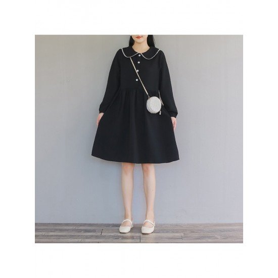 Cute Loose Doll Collar Long Sleeve Knee Length Dress