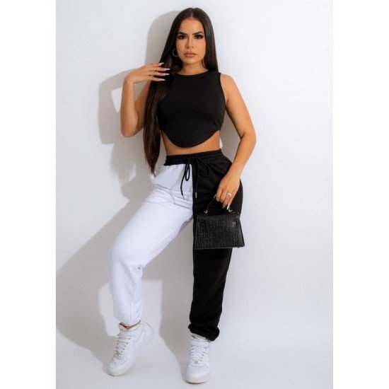  Contrast Color Irregular Top And Trouser Women's Set