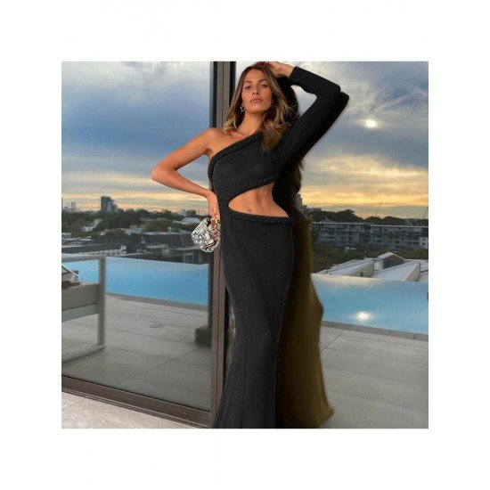 Stylish Ladies One Shoulder Solid Midi Dress