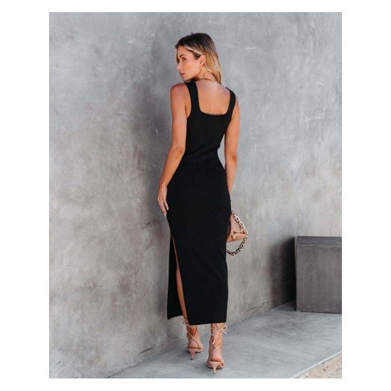 Casual Black Square Neck Backless Slit Sleeveless Dress