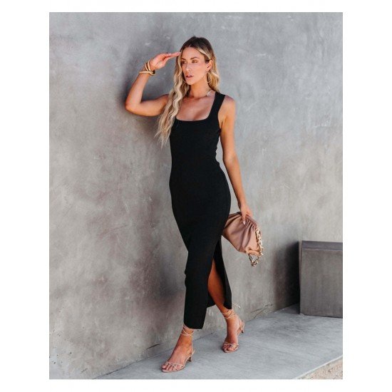 Casual Black Square Neck Backless Slit Sleeveless Dress