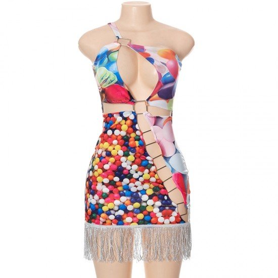  Sexy Hollowed Out Printing Tassels Women's Sleeveless Dress