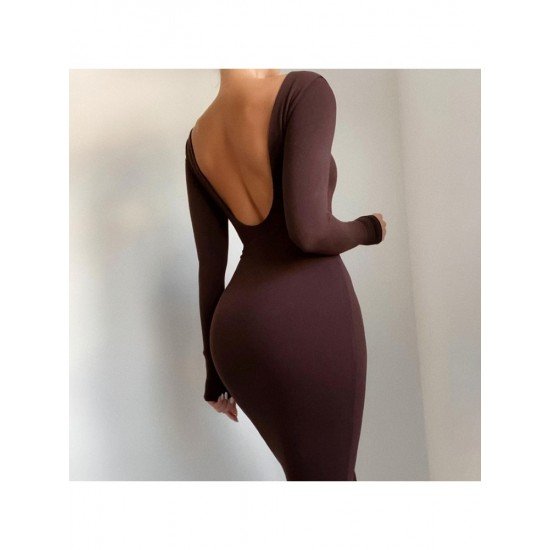  Sexy Pure Color Backless Women's Long Sleeve Dress