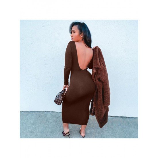  Sexy Pure Color Backless Women's Long Sleeve Dress