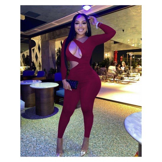  Sexy Skinny Hollowed Out Pure Color Women's Jumpsuit