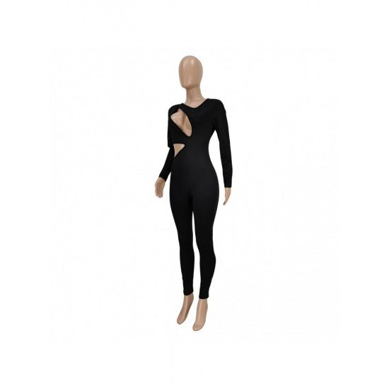  Sexy Skinny Hollowed Out Pure Color Women's Jumpsuit