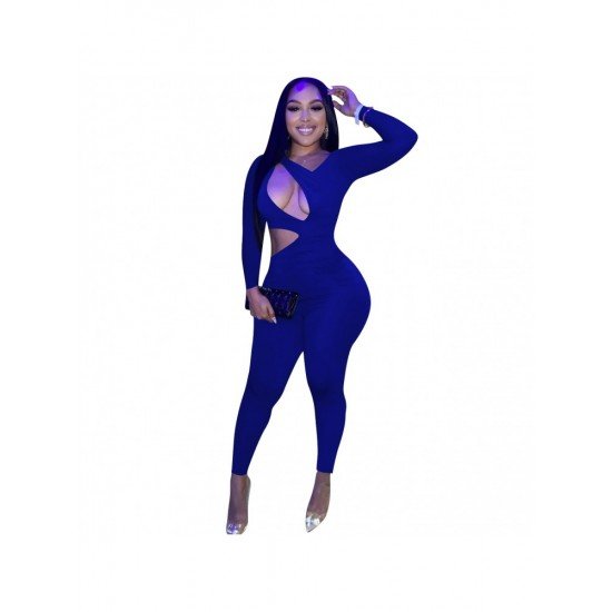  Sexy Skinny Hollowed Out Pure Color Women's Jumpsuit