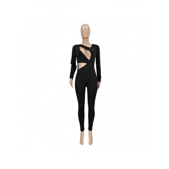  Sexy Skinny Hollowed Out Pure Color Women's Jumpsuit