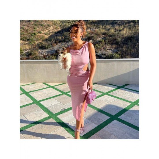 Designer Pink Inclined Shoulder Cut Out Slit Dress