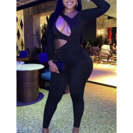  Sexy Skinny Hollowed Out Pure Color Women's Jumpsuit