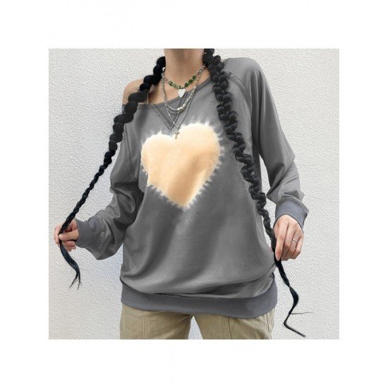  Casual Loose Heart Printing Slant Shoulder Women's Sweater