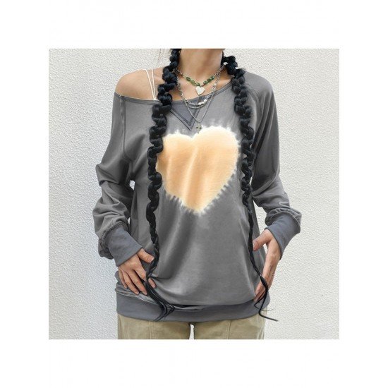  Casual Loose Heart Printing Slant Shoulder Women's Sweater