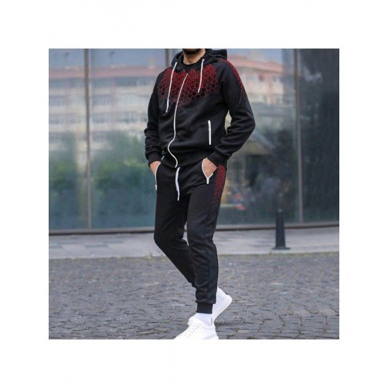  Honeycomb Printed Men Jogger Hooded Coat And Pant Sets