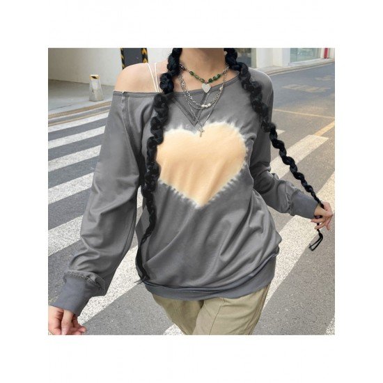  Casual Loose Heart Printing Slant Shoulder Women's Sweater