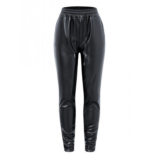  Fashion Versatile PU Pure Color Women's Pants