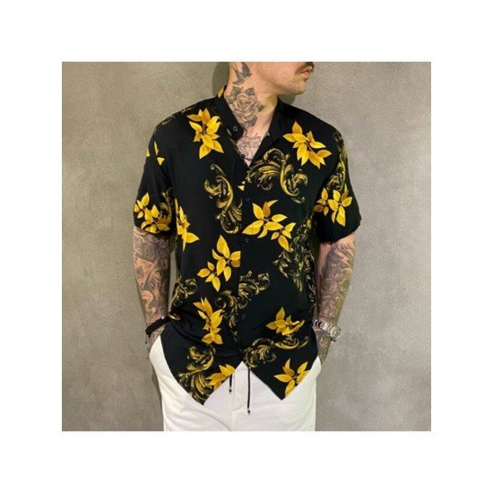 Summer Black Stand Collar Flower Printed Men Shirts 