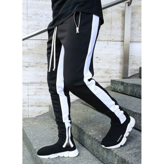  Summer Drawstring Contrast Color Zipper Men's Casual Pants