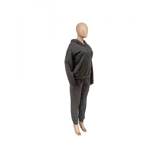 Casual Solid Pockets Matching Hoodies Top And Trouser Sets