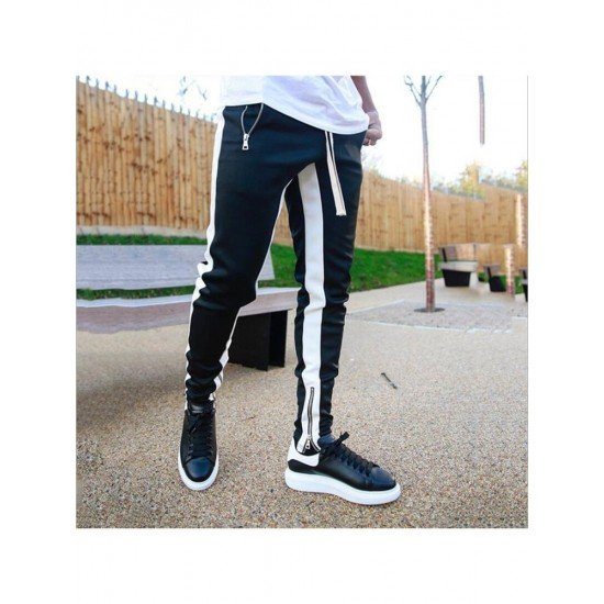  Summer Drawstring Contrast Color Zipper Men's Casual Pants