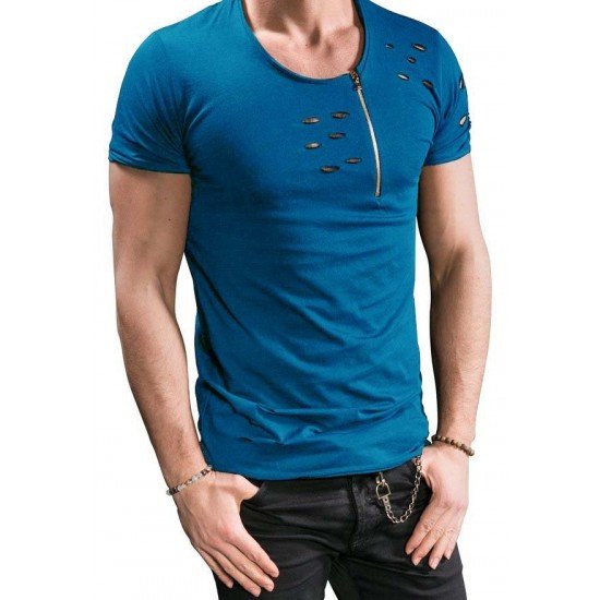  Men's Pure Color Zipper Ripped Short Sleeve T-Shirt