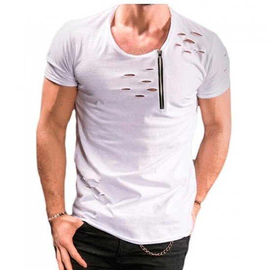  Men's Pure Color Zipper Ripped Short Sleeve T-Shirt