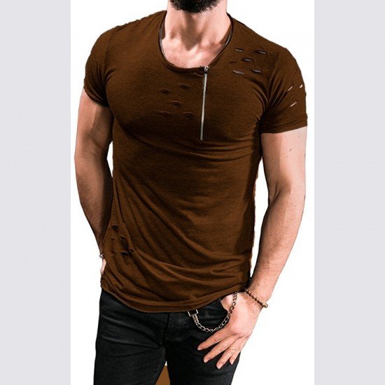  Men's Pure Color Zipper Ripped Short Sleeve T-Shirt