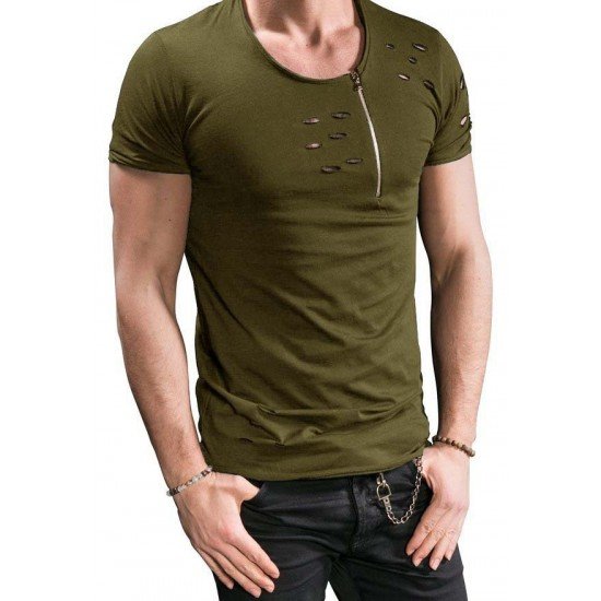  Men's Pure Color Zipper Ripped Short Sleeve T-Shirt