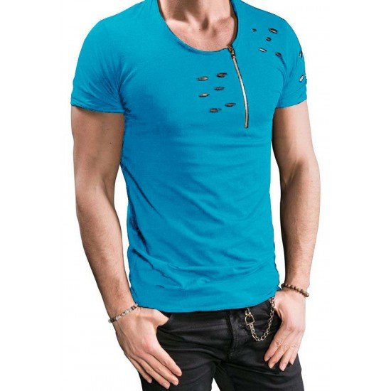  Men's Pure Color Zipper Ripped Short Sleeve T-Shirt