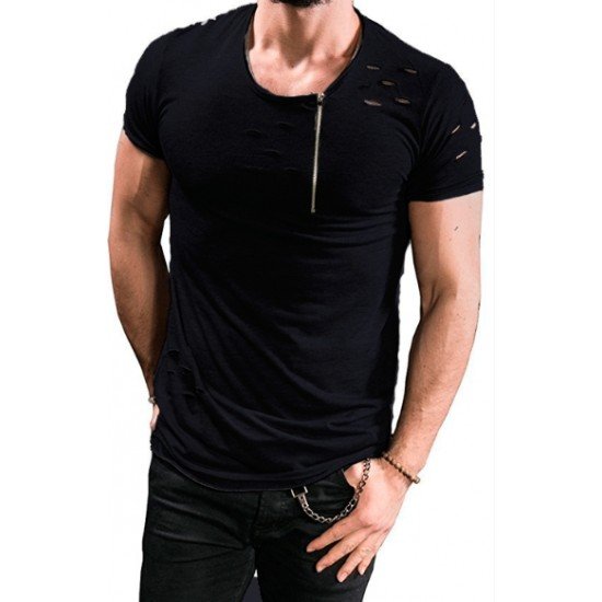  Men's Pure Color Zipper Ripped Short Sleeve T-Shirt