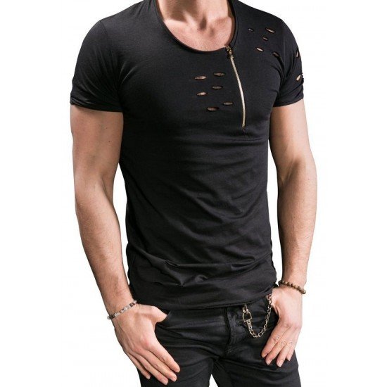  Men's Pure Color Zipper Ripped Short Sleeve T-Shirt