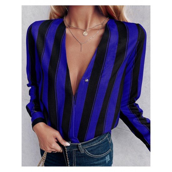  Casual Deep V-Neck Striped Women's Long Sleeve Shirt