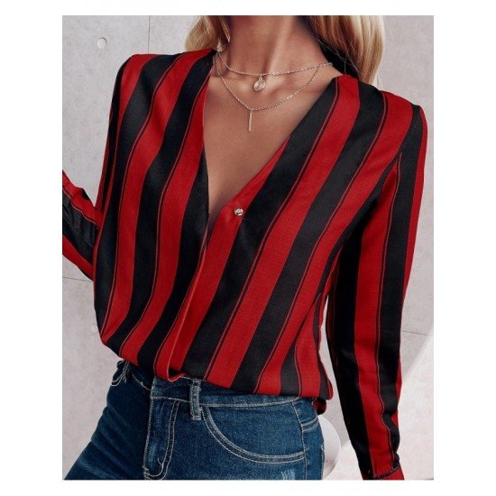  Casual Deep V-Neck Striped Women's Long Sleeve Shirt