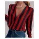  Casual Deep V-Neck Striped Women's Long Sleeve Shirt